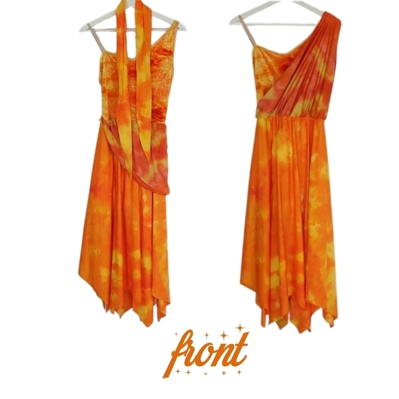 Theatrical Marbled Velour Top Asymmetrical Dress in Orange, Yellow - Picture 3 of 5